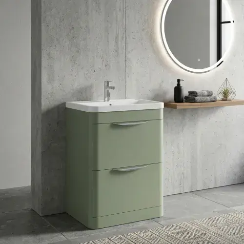 Linear 600mm Floorstanding Vanity Unit & Polymarble Basin - Satin Green (2 Soft-Close Drawers)