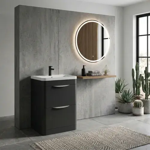 Linear 600mm Floorstanding Vanity Unit & Polymarble Basin - Soft Black Matte (2 Soft-Close Drawers)