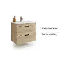 Marbelle Oak 600 Wall Hung Drawer Unit inc Ceramic Basin, Optional Colour Handles