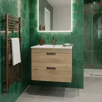 Marbelle Oak 600 Wall Hung Drawer Unit inc Ceramic Basin, Optional Colour Handles