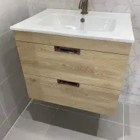 Marbelle Oak 600 Wall Hung Drawer Unit inc Ceramic Basin, Optional Colour Handles