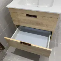Marbelle Oak 600 Wall Hung Drawer Unit inc Ceramic Basin, Optional Colour Handles