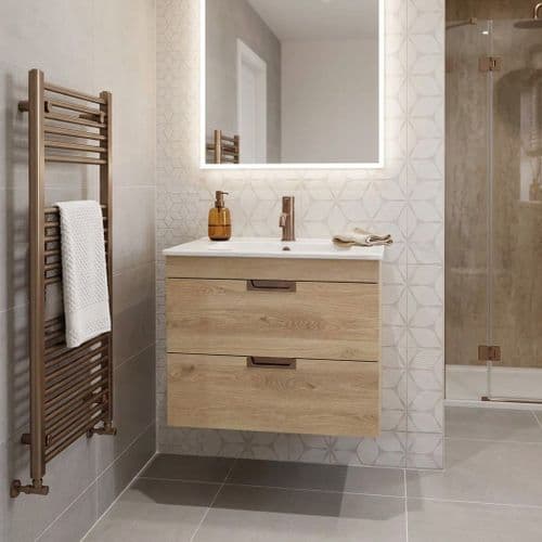 Marbelle Oak 600 Wall Hung Drawer Unit inc Ceramic Basin, Optional Colour Handles