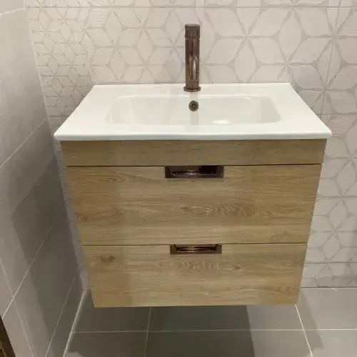 Marbelle Oak 600 Wall Hung Drawer Unit inc Ceramic Basin, Optional Colour Handles