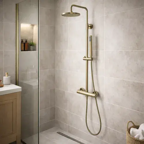Meriden Round Thermostatic Telescopic Shower Set with Bar Valve - Brushed Brass