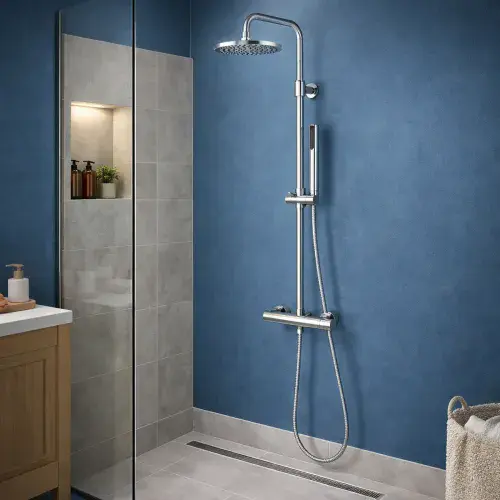 Meriden Round Thermostatic Telescopic Shower Set with Bar Valve - Chrome