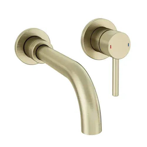 Meriden Wall Mounted Basin Mixer Tap with Curved Spout Brushed Brass