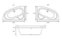 Merrill 1500 x 950mm Offset Corner Bath Left or Right Hand inc Legs & Fixings