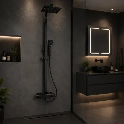 Modern Adjustable Height (850-1200mm) Square Thermostatic Shower Pole - Matt Black