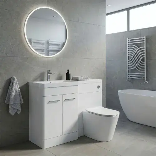 Narvik 1100mm 100% Waterproof L-Shape Bathroom Set - Gloss White (Vanity, WC Unit & Integrated Basin