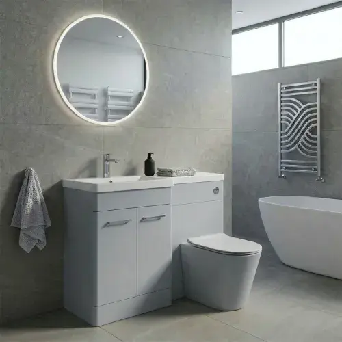 Narvik 1100mm 100% Waterproof L-Shape Bathroom Set, Light Grey Gloss(Vanity, WC, Integral Basin)