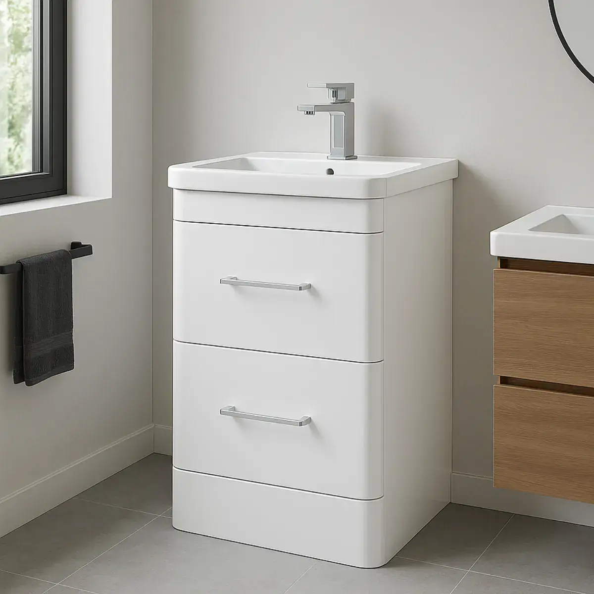 Narvik 500mm Curved Two Drawer Vanity Unit Gloss White - 100% Waterproof Basin  Unit, image size:1200x1200