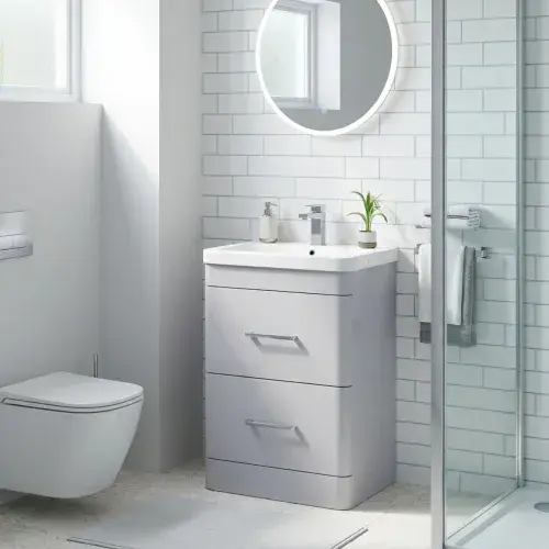 Narvik Waterproof 600mm Curved 2 Drawer Vanity Unit Light Grey with Ceramic | Lifetime Guarantee