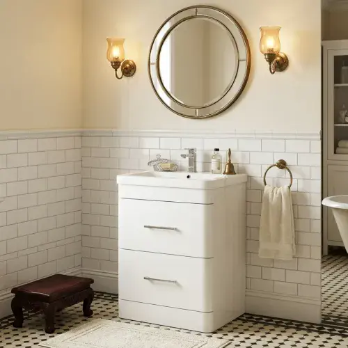 Narvik Waterproof 600mm Curved 2 Drawer Vanity Unit White with Ceramic Basin | Lifetime Guarantee