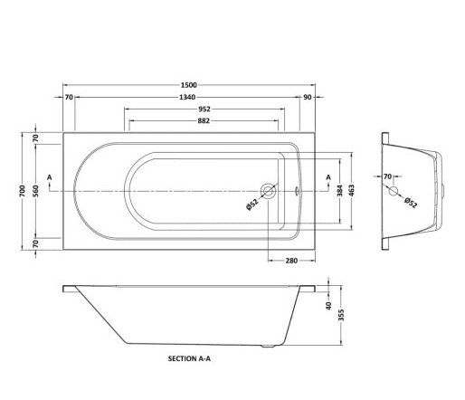 Nuie Barmby Round Single Ended Bath | White | Acrylic | 1500mm X 700mm