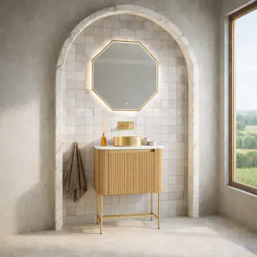 Opulenza Curve Fluted 600 Wall Hung Basin Unit & Basin - Oak