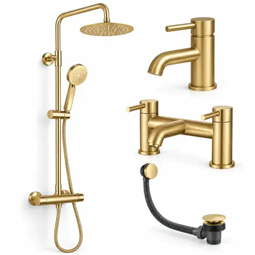 Pesco Brushed Brass Shower, Bath & Basin Tap Pack with Matching Bath Waste