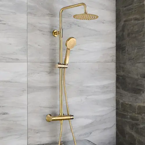 Pesco Round Thermostatic Shower Set, Brushed Brass / Gold