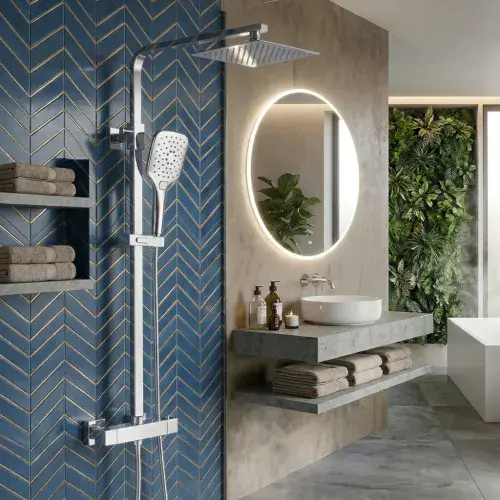 Plaza Square Thermostatic Bar Shower Kit | Fixed Overhead & Adjustable Handset | Chrome