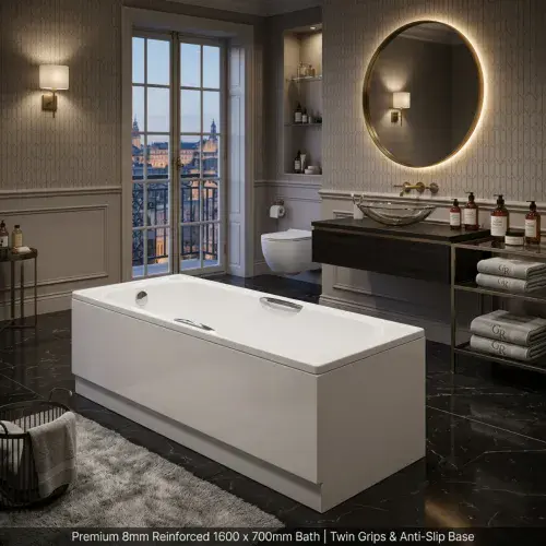 Premium 8mm Reinforced 1600 x 700mm Bath | Twin Grips & Anti-Slip Base