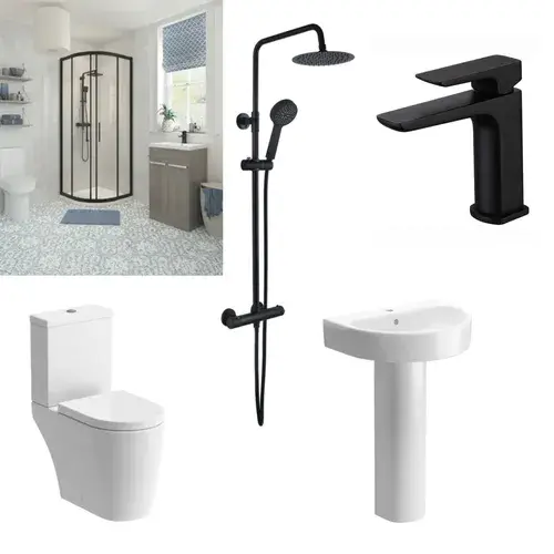 Quadrant Shower Suite with Pedestal Basin, Toilet, Basin Tap and Shower Mixer