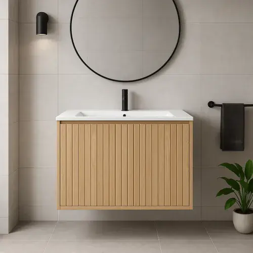 Ripple 600mm Fluted Oak Wall Hung Vanity Unit & Basin