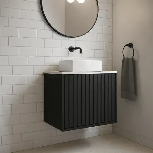 Ripple 600mm Fluted Wall Hung Vanity Unit, Worktop & Countertop Basin in Matt Black