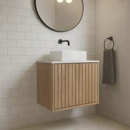 Ripple 600mm Oak Fluted Wall Hung Vanity Unit, Worktop & Countertop Basin