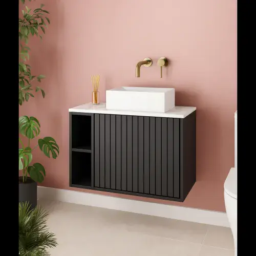 Ripple 800mm Fluted Wall Hung Matt Black Vanity Unit, Worktop & Countertop Basin