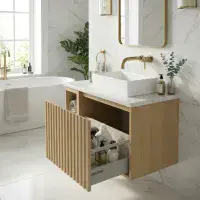 Ripple 800mm Fluted Oak Vanity Unit, Worktop & Countertop Basin