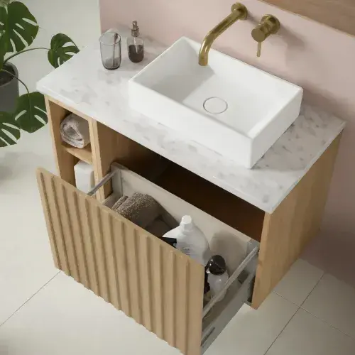 Ripple 800mm Fluted Wall Hung Oak Vanity Unit, Worktop & Countertop Basin
