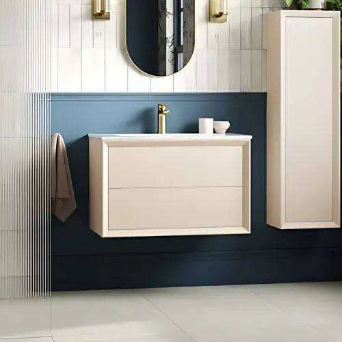 Riser 615mm 2 Drawer Wall Hung Basin Unit, Matt Cotton