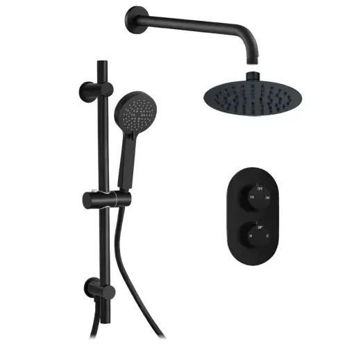 Round Matt Black Concealed Shower Pack with Heads. Twin Outlet - BIV