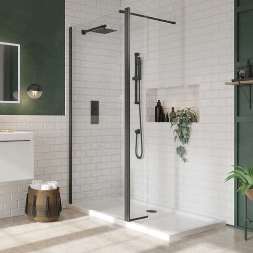 S8 Black Walk in Shower Glass with Black Flipper Panel, Various Sizes