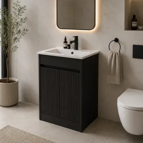 Selinus 500mm Matt Black Fluted 2-Door Floorstanding Vanity Unit & Basin