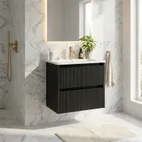 Selinus 500mm Matt Black Fluted Wall Hung Vanity Unit & Basin