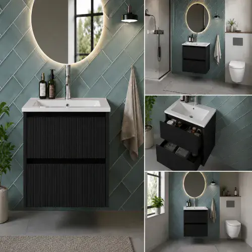 Selinus 500mm Matt Black Fluted Wall Hung Vanity Unit & Basin