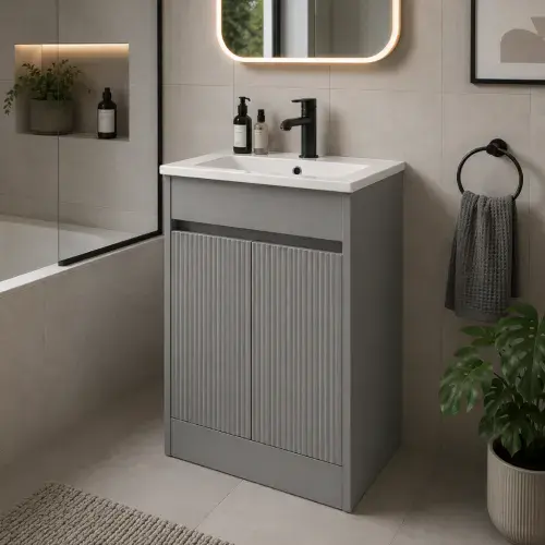 Selinus 500mm Matt Grey Fluted 2-Door Floorstanding Vanity Unit & Basin
