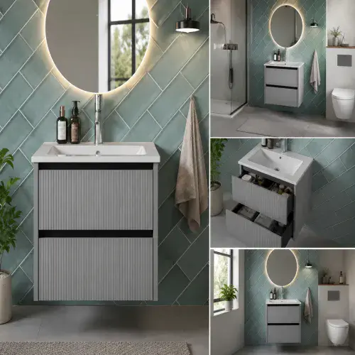 Selinus 500mm Matt Grey Fluted Wall Hung Vanity Unit & Basin