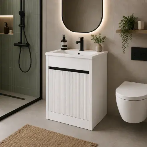Selinus 500mm Matt White Fluted 2-Door Floorstanding Vanity Unit & Basin