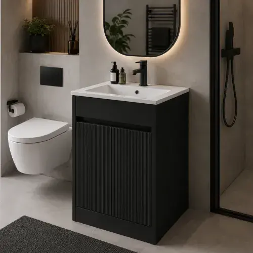 Selinus 600mm Matt Black Fluted 2-Door Floorstanding Vanity Unit & Basin