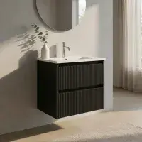 Selinus 600mm Matt Black Fluted Wall Hung Vanity Unit & Basin