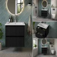 Selinus 600mm Matt Black Fluted Wall Hung Vanity Unit & Basin