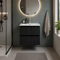 Selinus 600mm Matt Black Fluted Wall Hung Vanity Unit & Basin