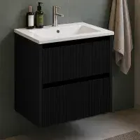 Selinus 600mm Matt Black Fluted Wall Hung Vanity Unit & Basin