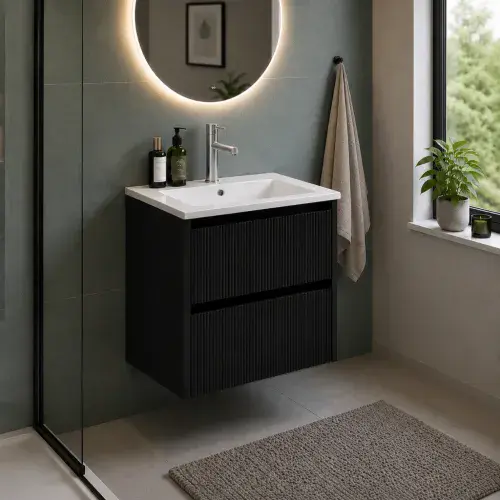 Selinus 600mm Matt Black Fluted Wall Hung Vanity Unit & Basin