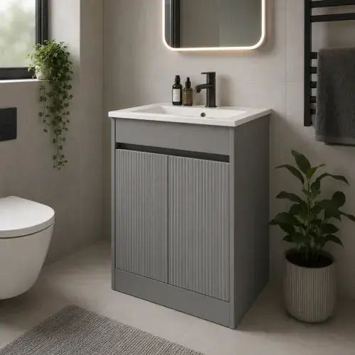 Selinus 600mm Matt Grey Fluted 2-Door Floorstanding Vanity Unit & Basin