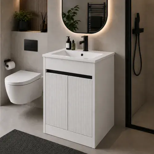 Selinus 600mm Matt White Fluted 2-Door Floorstanding Vanity Unit & Basin