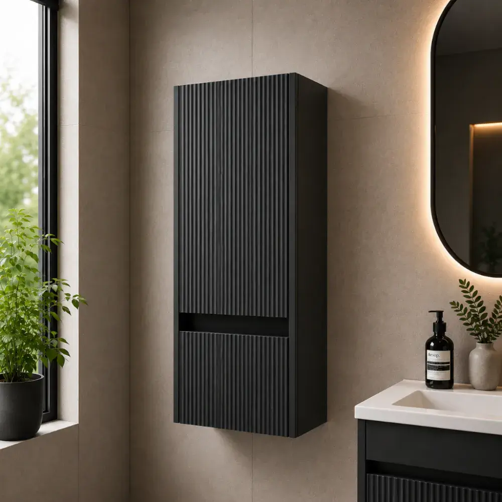 Fluted Storage Unit Selinus Matt Black Fluted Wall Hung Storage Unit | 1 Door 1 Drawer