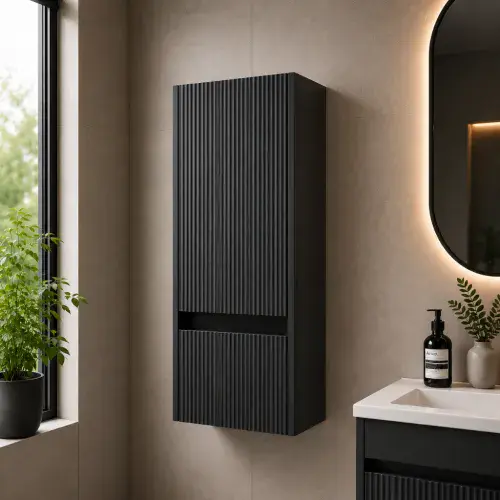 Selinus Matt Black Fluted Wall Hung Tall Storage Unit - 1 Door & 1 Drawer